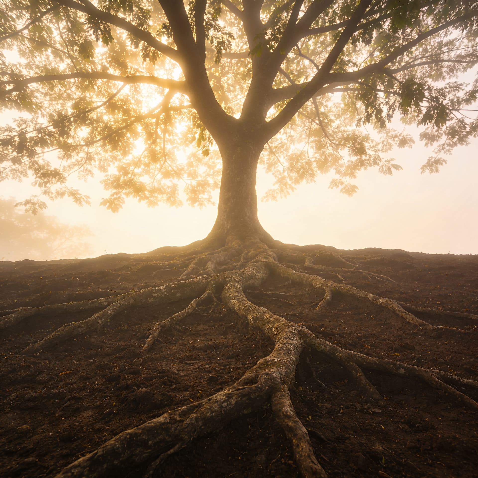 Árvore com raízes profundas ao amanhecer